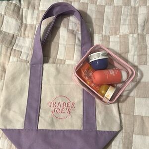 Trader Joe's Mini Pastel Canvas Tote Bag with Sol de Janeiro beauty products